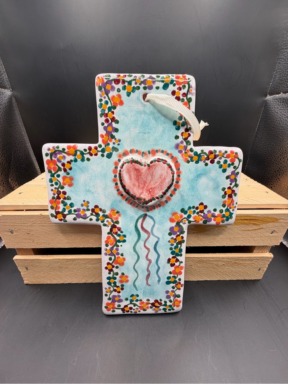 Sydel Handmade 6x8 Ceramic Wall Cross Floral Heart Hanging Folk Art Decor